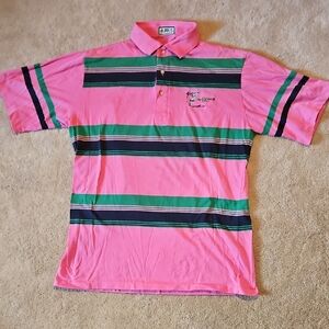 BCOpen Men's Pink and Green Striped Polo Shirt
